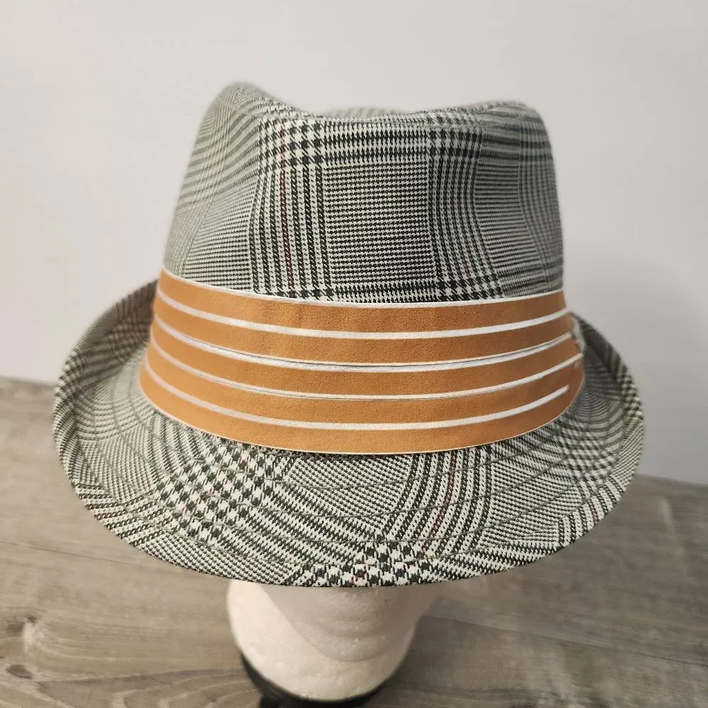 Peter Grimm Mens Fedora Hat‎ Grey Black Plaid Size S/M Orange Hat Band Logo